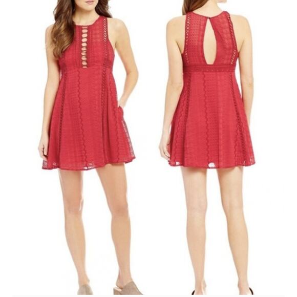 Free People Sundress WMNS 8 Red Lace Keyhole Cutout Mini Sleeveless Vintage Boho - Picture 10 of 13